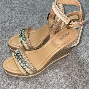 Tan Espadrille Wedge Sandals with Crystal Embellishments